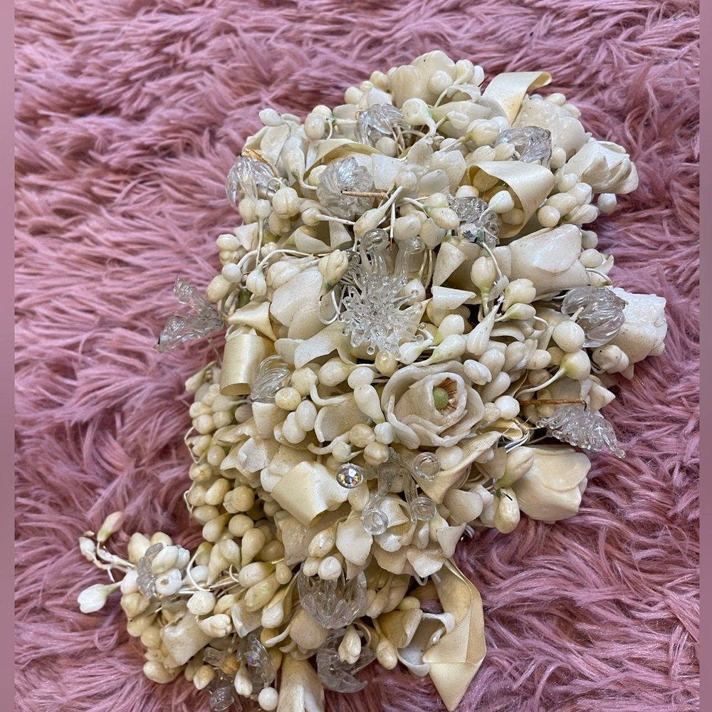 Vintage wax bouquet flowers ivory satin ribbon 40’s 50’s wedding vtg dress up